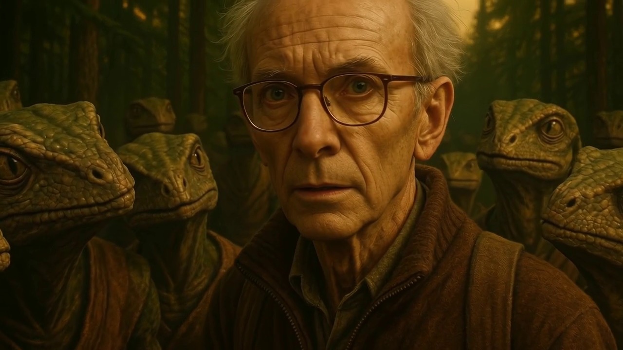 Man surrounded by raptors, AI film